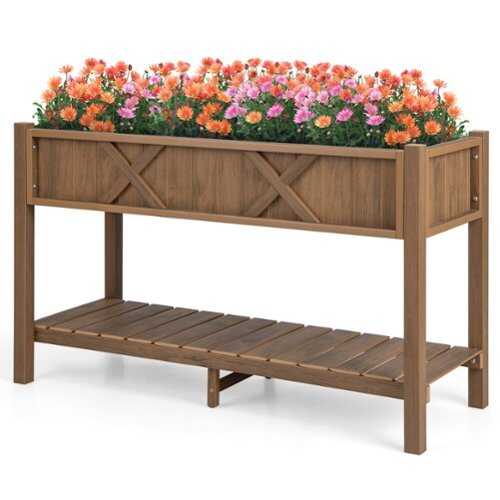 Rent to own Costway HIPS Raised Garden Bed Poly Wood Elevated Planter Box with Legs, Storage Shelf - Coffee