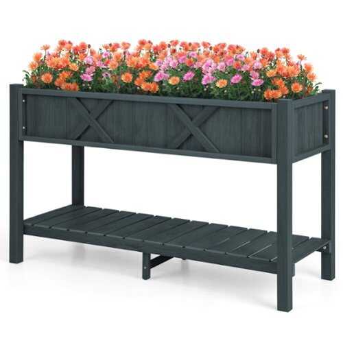 Rent to own Costway HIPS Raised Garden Bed Poly Wood Elevated Planter Box with Legs, Storage Shelf - Black