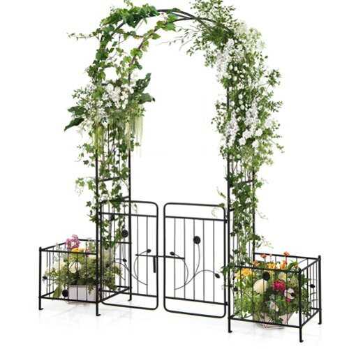 Rent to own Costway 87" Garden Arbor Arched Lockable Gate Top Arbor Trellis with Side Planters - Black
