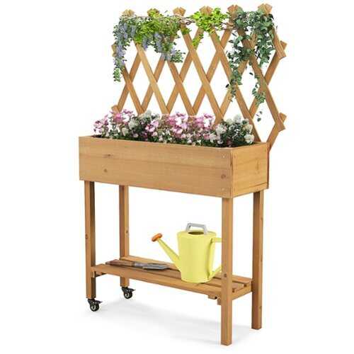Rent to own Costway Wood Raised Garden Bed with Trellis Storage Shelf Wheels Liner Drainage Holes - Brown