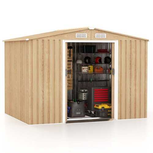 Rent to own Costway 8 × 6 FT Outdoor Storage Shed Galvanized Steel Shed with Base Floor Wood Grain - Natural