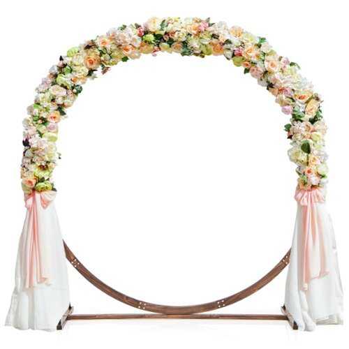 Rent to own Costway 7.4 FT Round Wedding Arch Wooden Arbor Backdrop Stand with Triangular-Shaped Base - Brown