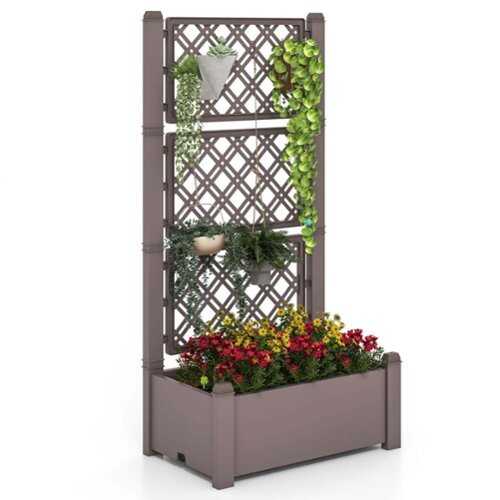 Rent to own Costway Outdoor Planter Box with Trellis Water Level Indicator Removable Space Dividers - Coffee