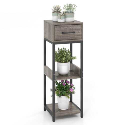 Rent to own Costway 1 Pack 3 Tier Indoor Tall Plant Stand with Drawer Anti-tipping Devices Display Shelf - Grey
