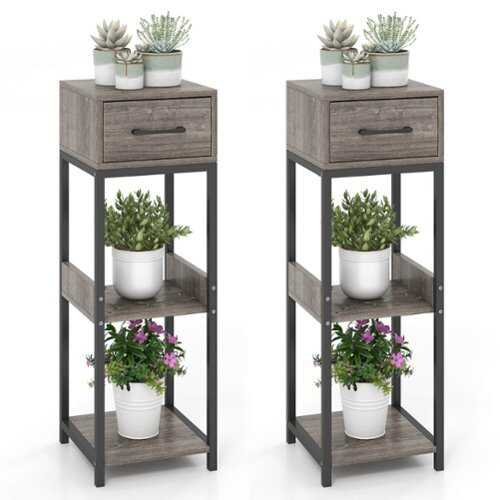 Rent to own Costway 2 Pack 3 Tier Indoor Tall Plant Stand with Drawer Anti-tipping Devices Display Shelf - Grey