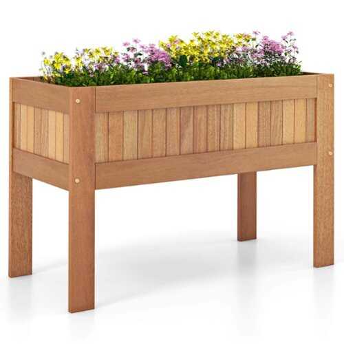 Rent to own Costway - Wooden Elevated Planter Box with Solid Wood Frame & Sturdy Legs Slatted Bottom - Brown