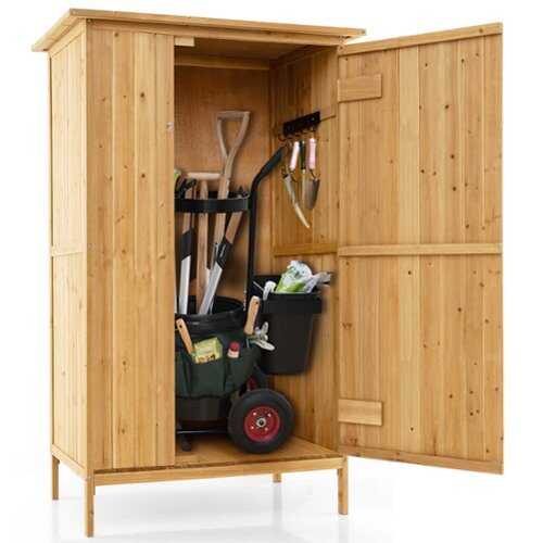 Rent to own Costway Outdoor Storage Cabinet 5 × 3 FT Wooden Garden Shed with Asphalt Roof - Brown