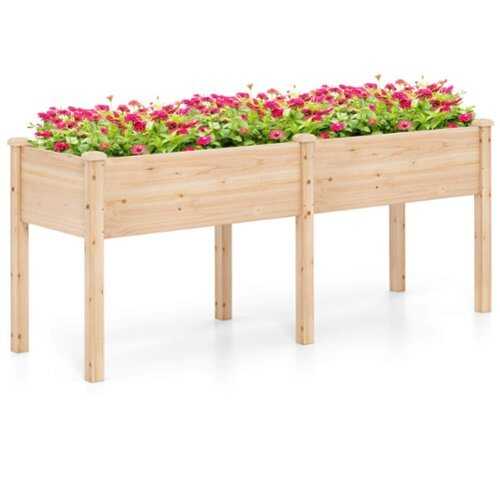 Rent to own Costway Raised Garden Bed Elevated Fir Wood Planter Box with 2 Large Planting Areas - Beige