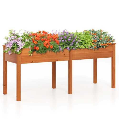 Rent to own Costway Outdoor Raised Garden Bed with Legs 73x23x30in Wood Planter Box with Divider Panel - Brown