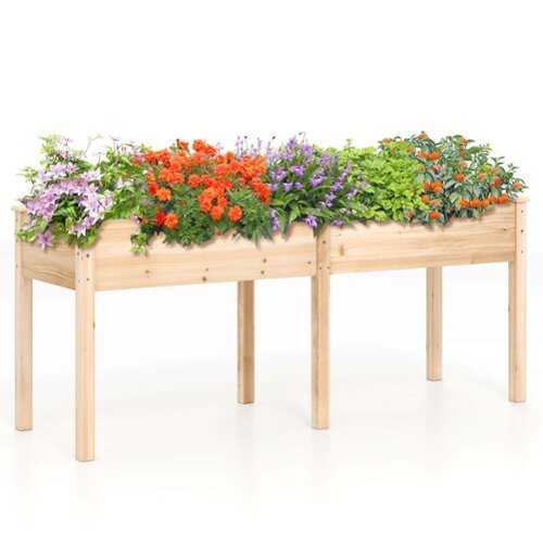 Rent to own Costway Outdoor Raised Garden Bed with Legs 73x23x30in Wood Planter Box with Divider Panel - Beige