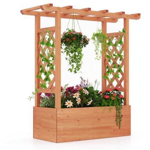 Rent to own Costway 1 PCS Wooden Raised Garden Bed with Trellis & Hanging Roof Drainage Elevated Planter Box - Orange
