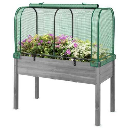 Rent to own Costway Wood Raised Garden Bed with Greenhouse Cover Mini Portable Greenhouse Kit - Green + Gray