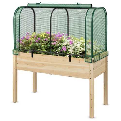 Rent to own Costway Wood Raised Garden Bed with Greenhouse Cover Mini Portable Greenhouse Kit - Green + Beige