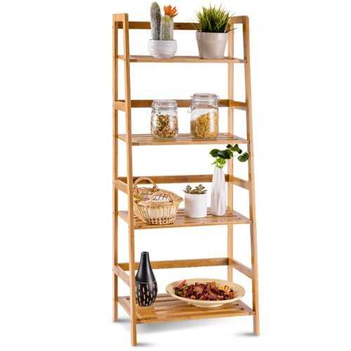 Rent to own Costway Multifunctional 4 Shelf Bamboo Bookcase Ladder Plant Flower Stand Rack Storage - Natural