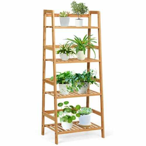 Rent to own Costway 4-Tier Bamboo Ladder Shelf Multipurpose Plant Display Stand Storage Bookshelf - Natural