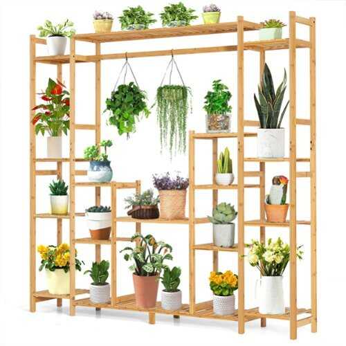 Rent to own Costway - 9-Tier Bamboo Plant Stand Potted Holder w/Hanging Rack Tall Display Shelf Unit - Natural