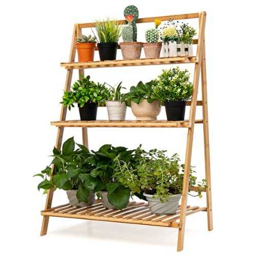 Rent to own Costway Bamboo Ladder Plant Stand 3-Tier Foldable Flower Pot Display Shelf Rack - Natural