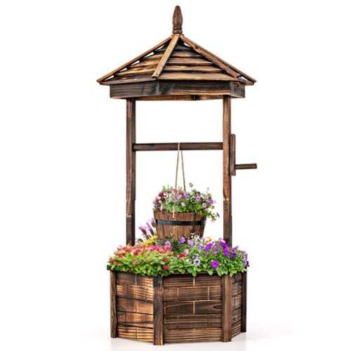 Rent to own Costway Wooden Wishing Well Hexagonal Bucket Flower Plants Planter Patio Garden Decor - Brown