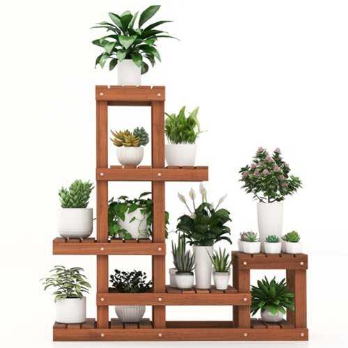 Rent to own Costway Multi-layer Wood Plant Stand Flower Shelf Rack with High Low Structure - Brown