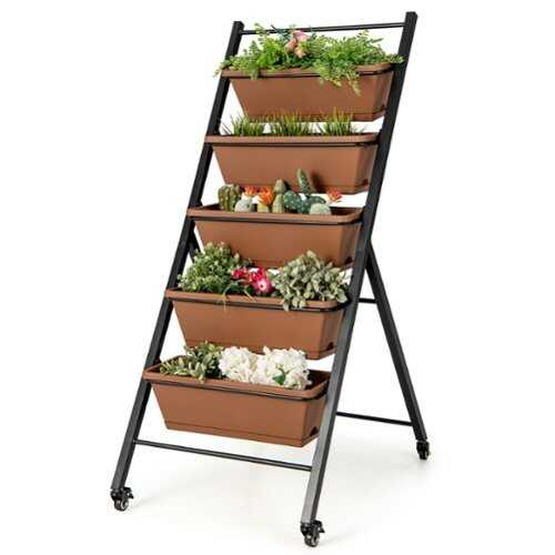 Rent to own Costway 5-Tier Vertical Raised Garden Bed Elevated Planter with Wheels & Container Boxes - Brown