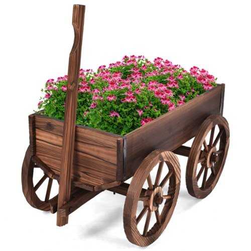 Rent to own Costway Wood Wagon Flower Planter Pot Stand W/Wheels Home Garden Outdoor Decor - Brown