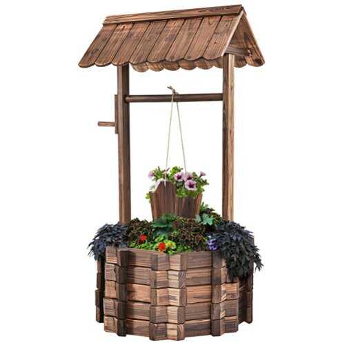 Rent to own Costway - Outdoor Wooden Wishing Well Bucket Flower Plants Planter Patio Garden Home Decor - Brown