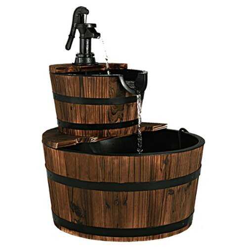 Rent to own Costway 2 Tier Barrel Waterfall Fountain Barrel Wooden Water Fountain Pump Outdoor Garde - Brown