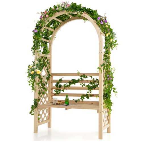 Rent to own Costway - Wooden Garden Bench Arch Pergola Outdoor Arbor w/backrest Patio Trellis Pergola - Natural