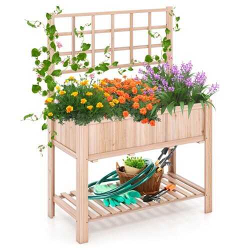 Rent to own Costway - Raised Garden Bed Elevated Wooden Planter Box with Trellis & Open Storage Shelf - Natural
