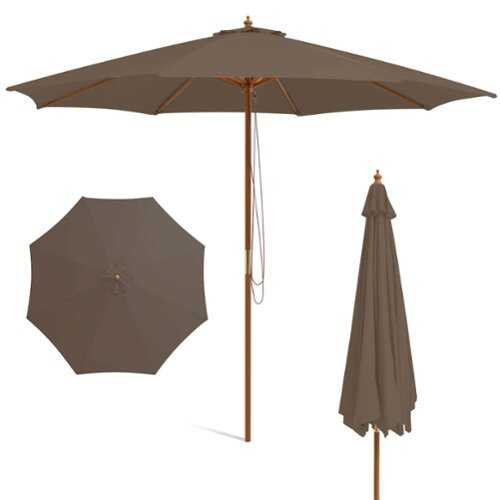 Rent to own Costway 10FT Patio Wooden Market Table Umbrella Pulley with 8 Bamboo Ribs Sunshade Canopy - Coffee