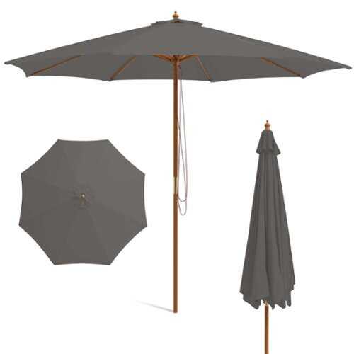 Rent to own Costway 10FT Patio Wooden Market Table Umbrella Pulley with 8 Bamboo Ribs Sunshade Canopy - Gray