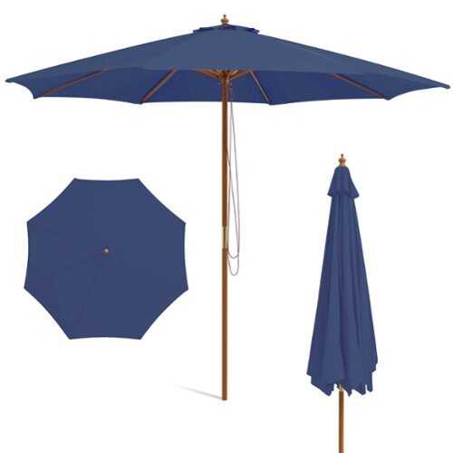 Rent to own Costway 10FT Patio Wooden Market Table Umbrella Pulley with 8 Bamboo Ribs Sunshade Canopy - Navy