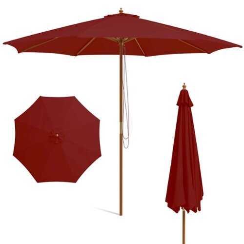 Rent to own Costway 10FT Patio Wooden Market Table Umbrella Pulley with 8 Bamboo Ribs Sunshade Canopy - Wine