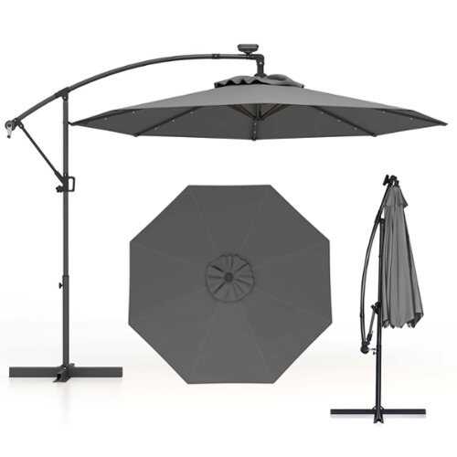 Rent to own Costway 10FT Patio Offset Umbrella Sun Shade Solar Powered LED 360° Rotation - Gray