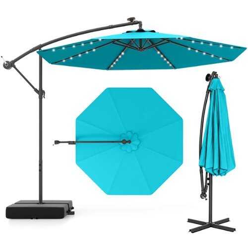 Rent to own Costway Patio 10FT Hanging Offset Umbrella 32 LED Lights Sand Bag Outdoor Cross Base - Turquoise
