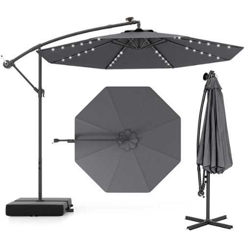 Rent to own Costway Patio 10FT Hanging Offset Umbrella 32 LED Lights Sand Bag Outdoor Cross Base - Dark Gray