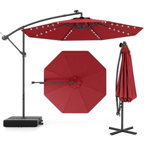 Rent to own Costway Patio 10FT Hanging Offset Umbrella 32 LED Lights Sand Bag Outdoor Cross Base - Wine