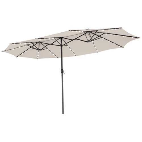 Rent to own Costway 15FT Twin Patio Double-Sided Umbrella 48 Solar LED Lights Crank Outdoor - Beige