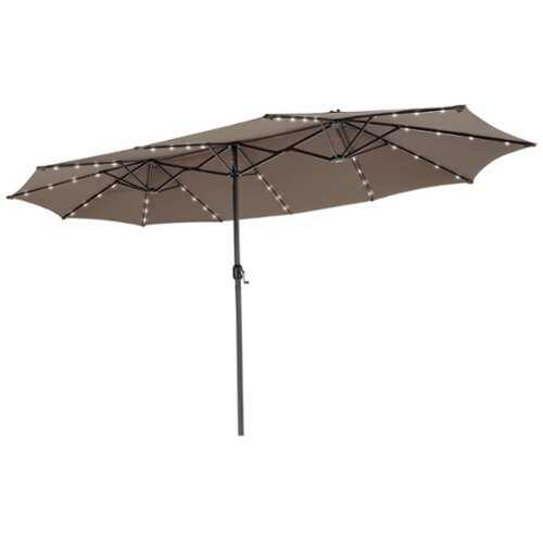 Rent to own Costway 15FT Twin Patio Double-Sided Umbrella 48 Solar LED Lights Crank Outdoor - Coffee