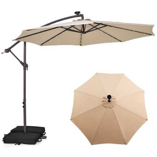 Rent to own Costway Patio 10FT Hanging Offset Umbrella 32 LED Lights Sand Bag Outdoor Cross Base - Beige