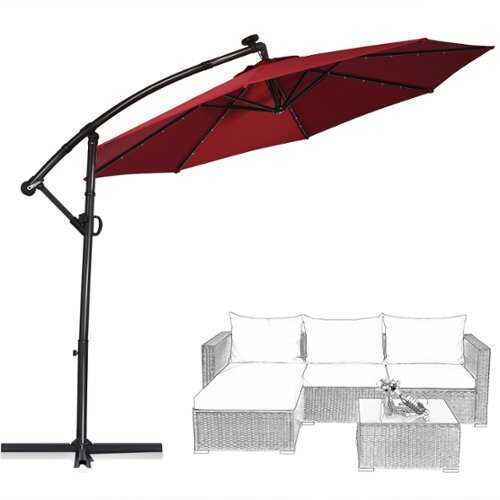 Rent to own Costway 10FT Patio Offset Umbrella Solar LED 360degrees Rotation - Wine