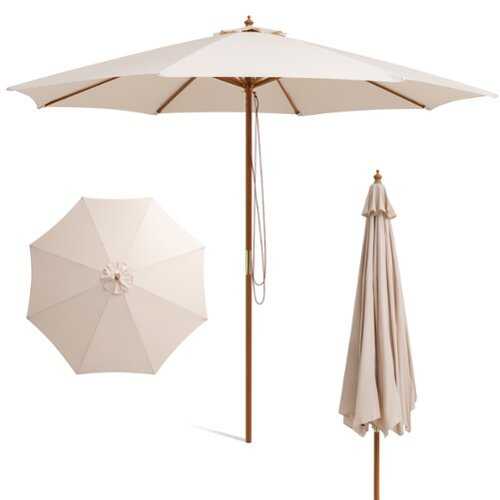 Rent to own Costway - 10FT Patio Wooden Market Table Umbrella Pulley w/8 Bamboo Ribs Sunshade Canopy Beige - Beige