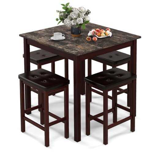 Rent to own Costway 5 PCS Bar Table Set Square Dining Table & 4 PVC Leather Upholstered Bar Stools - Brown