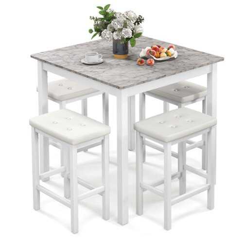 Rent to own Costway 5 PCS Bar Table Set Square Dining Table & 4 PVC Leather Upholstered Bar Stools - White