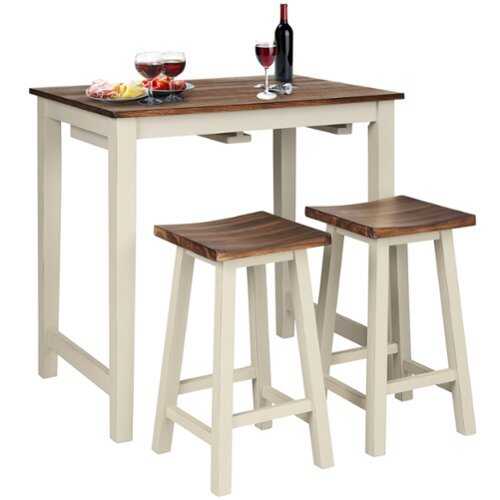 Rent to own Costway 3-Piece Bar Table Set Counter Pub Table& 2 Saddle Bar Stools w/ Hanging Design - Beige/Brown