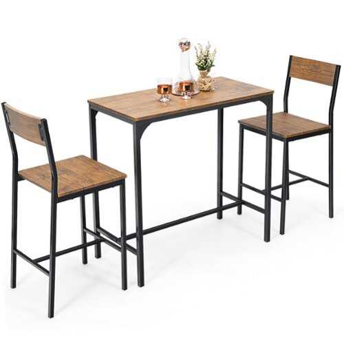Rent to own Costway 3PCS Bar Table Set Industrial Counter Height Dining Table Set w/2 Stools - Rustic Brown/Black