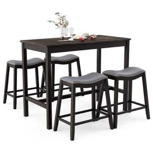 Rent to own Costway 5PCS Bar Table Set Counter Height Table & Upholstered Saddle Stools Set for 4 - Black/Gray