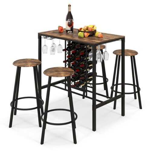 Rent to own Costway 5PCS Bar Table & Stools Set Industrial Bistro Set with Wine Rack & Glass Holder - Rustic Brown/Black