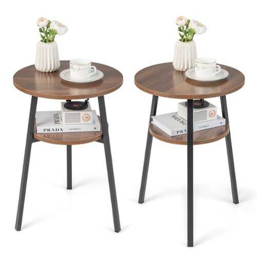 Rent to own Costway - 2PCS 2-Tier Bedside End Table Round Nightstand for Bedroom Living Room - Walnut