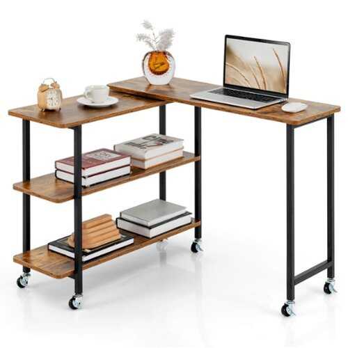 Rent to own Costway 360° Rotatable Sofa Side Table L-shaped Laptop Desk Snack Table withShelf Patented - Brown